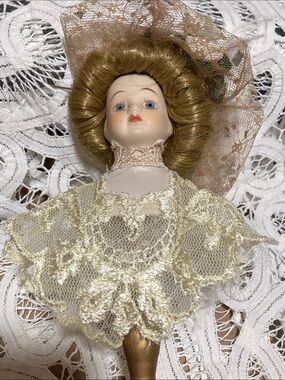 Porcelain Doll Figurine on a stick in Cream Lace